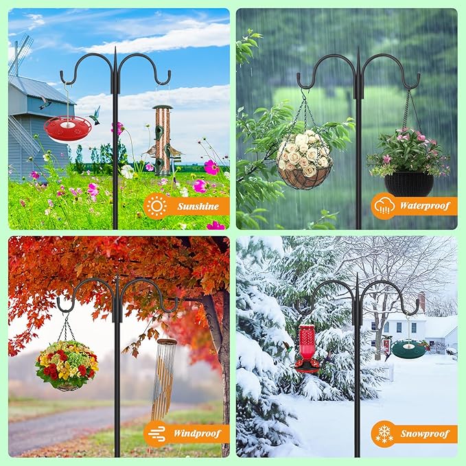 FEED GARDEN Heavy Duty Shepherds Hook 92" Double Hooks Adjustable (44/60/76/92") - Metal 5-Prong Base, 15lb Capacity - Easy Assembly Bird Feeder Pole for Hanging Planters, Lanterns, Wind Chimes