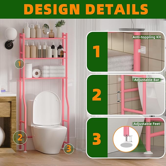 3-Tier Over Toilet Storage with Anti-Tilt Safety System - 150lb Total Capacity Metal Bathroom Shelves Including Paper Holder & 4 Hooks, Space Saving Above Commode Organizer (64" H, Pink)