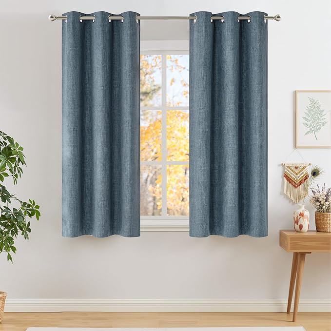 NICETOWN Short Faux Linen Mist Blue Blackout Curtains 63 inches Long