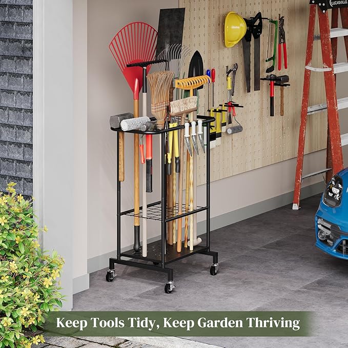 Garden Tool Organizer with Wheels, Yard Tool Rack Heavy Duty Steel Tool Organizer and Storage Holder Broom Holder for Garage, Shed, Patio, Indoor/Outdoor