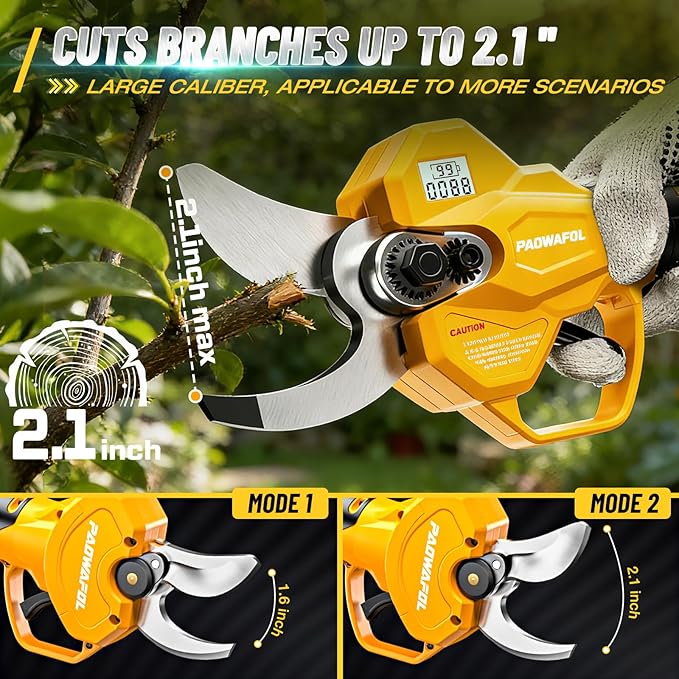 2.05"/ 56mm Electric Pruning Shears, Cordless Electric Scissors LCD Display＆SK7 Blades, 21V Brushless Motor Branch Cutter with 2 PCS Rechargeable 2000mAh Batteries & 2 Blades (Yellow)