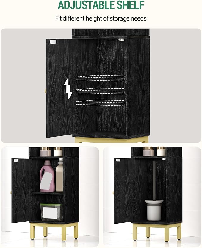 Bathroom Storage Cabinet, Small Corner Floor Cabinet with Door and Shelves, Narrow Toilet Paper Holder, Bathroom Organizer with Adjustable Shelf, for Small Spaces, Black BC38204GV1