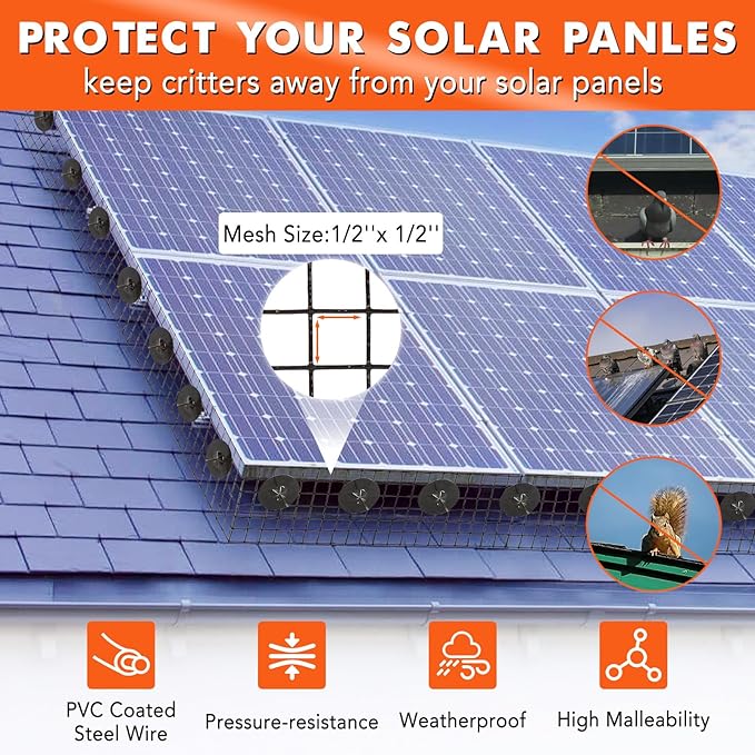 6in x 100ft Solar Panel Bird Guard & Critter Guard Mesh Kit, PVC Coated Wire Mesh Bird Wire with 100 Clips, 100 Cable Ties, Gloves, Pliers, DIY Bird Netting Solar Panel Bird Mesh Barrier