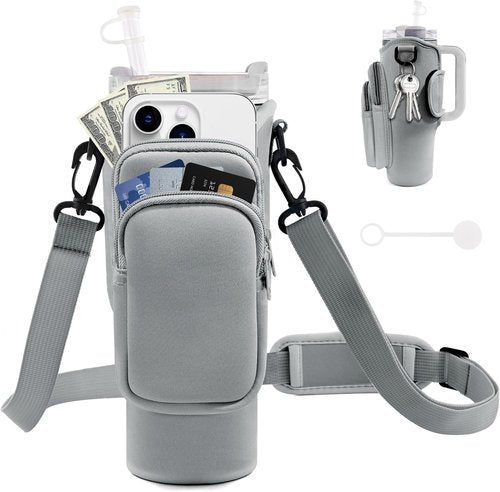 JEBEALUO Water Bottle Carrier Bag with Phone Pocket for Stanley Cup 40/30 oz, Water Bottle Holder with Adjustable Strap& Straw Cover, Stanley Cup Accessories