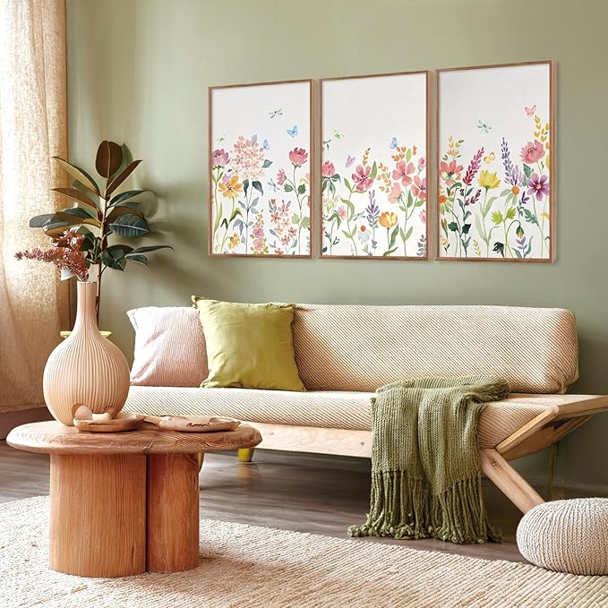CHDITB Colorful Wildflower Framed Canvas Wall Art Print, Nature Butterfly Poster, Flower Wall Decor, Watercolor Floral Pictures, Botanical Art Prints for Girl Room Living Room Nursery Decor 16"x24"x3