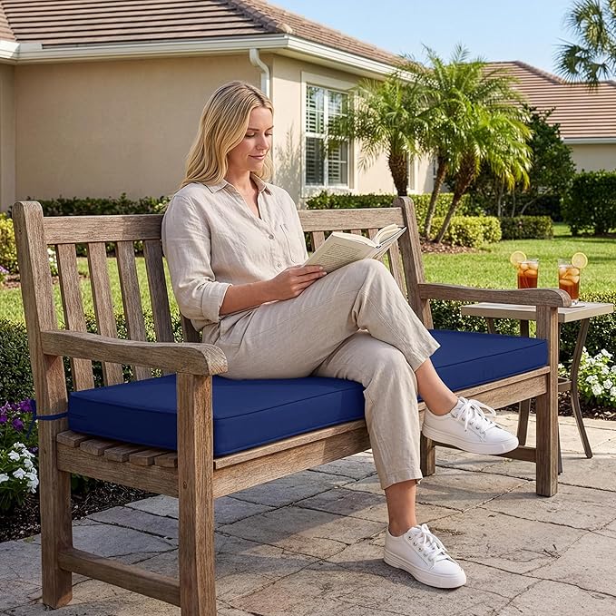 Summsun Outdoor Bench Cushion: Waterproof and Fade Resistant Patio Furniture Cushions - Non-Slip Bench Pad Cushion with Removable Cover for Garden Swing Porch Sofa Settee, 45 x 18 Inch, Navy Blue