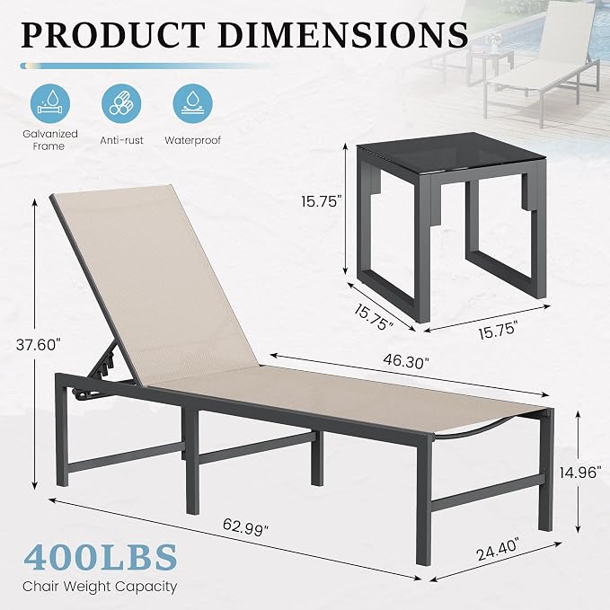 UDPATIO Patio Outdoor Lounge Chair Poolside Chaise Lounges | Breathable & Quick-Dry Textilene Fabric,5-Positions Adjustable Backrest