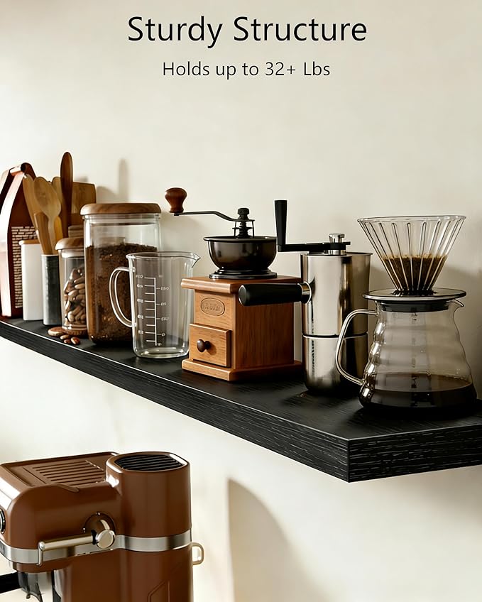 Vervida® Black Floating Shelves, 47.2 in W x 9.3 in D Wall Mounted Wood Shelves