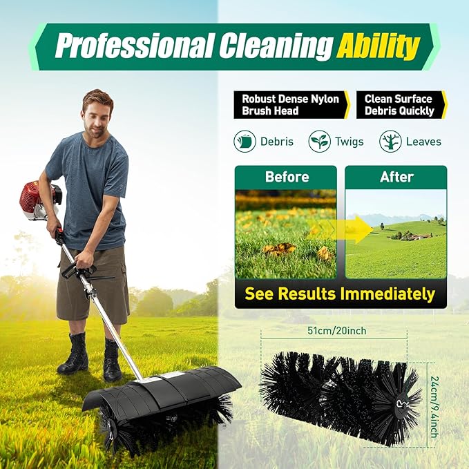 52cc 2.3HP Outdoor Hand Held Gas Power Broom, 2-Stroke Gasoline Power Broom, Walk Behind Sweeper Cleaning Driveway Tools, 1.8M Lawn Sweeper for Driveway Lawn Garden Snow