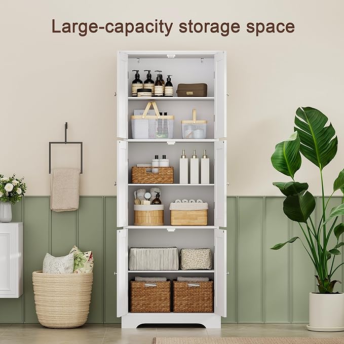 ChooChoo Tall Bathroom Storage Cabinet with 6 Doors, Freestanding Floor Cabinet with Adjustable Shelves, White Pantry Cabinet for Bathroom, Kitchen, Laundry Room