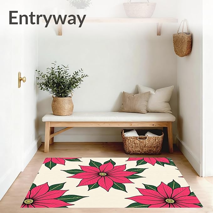 Flatwoven High Traffic Area Rug 5x7, Holiday Poinsettia Bathroom Festive Winter Floral Shower Curtain, Non Slip, Stain Resistant, Washable Area Rugs for Living Room, Bedroom (Pink, 5x7, Pad)