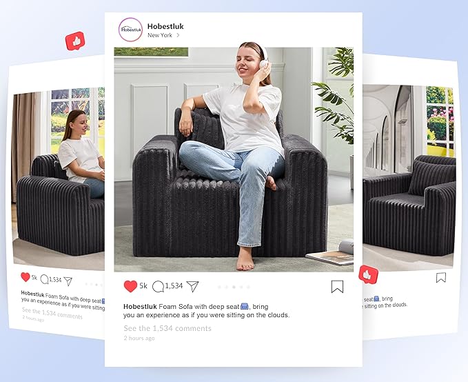 Hobestluk Single Sofa Foam Couch Sofa for Small Spaces Comfy Sofas with Removable Cover Furry Couch with Pillows for Living Room, Bedroom, Apartment, Office (Dark Grey, Standard)