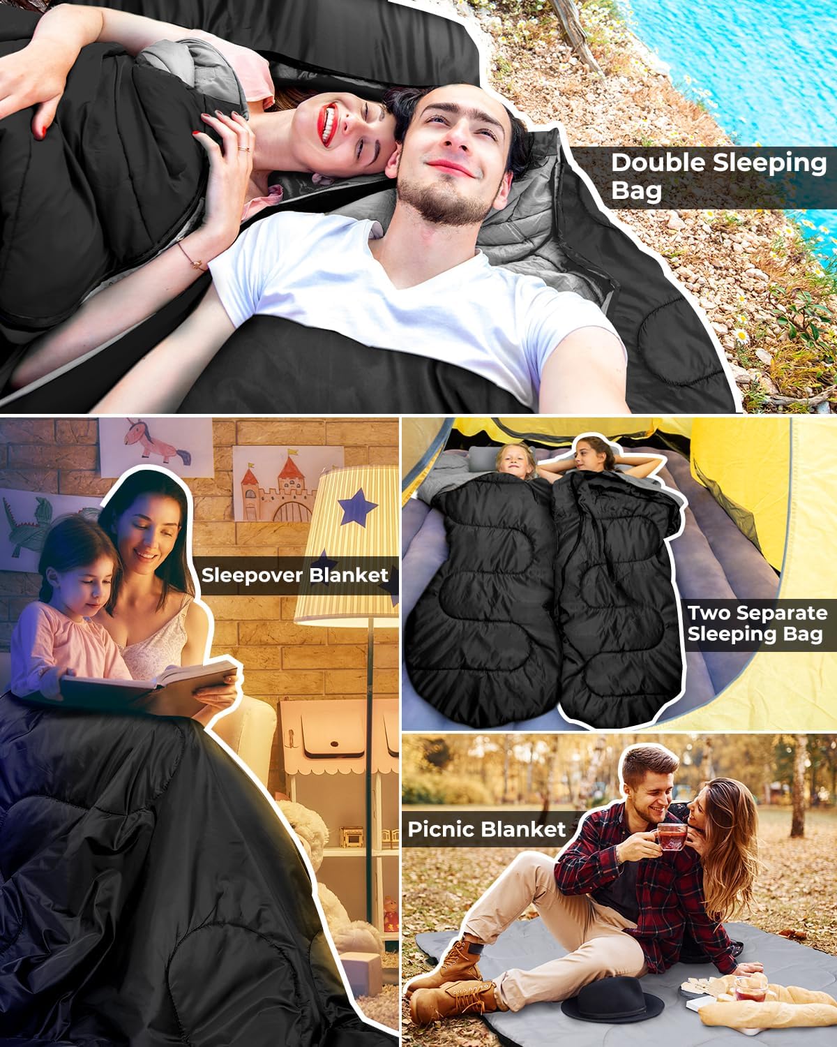 Queen Size Ohuhu Double Sleeping Bag for 2 - 3 Season Waterproof Camping with 2 Pillows, 87'' x 60''