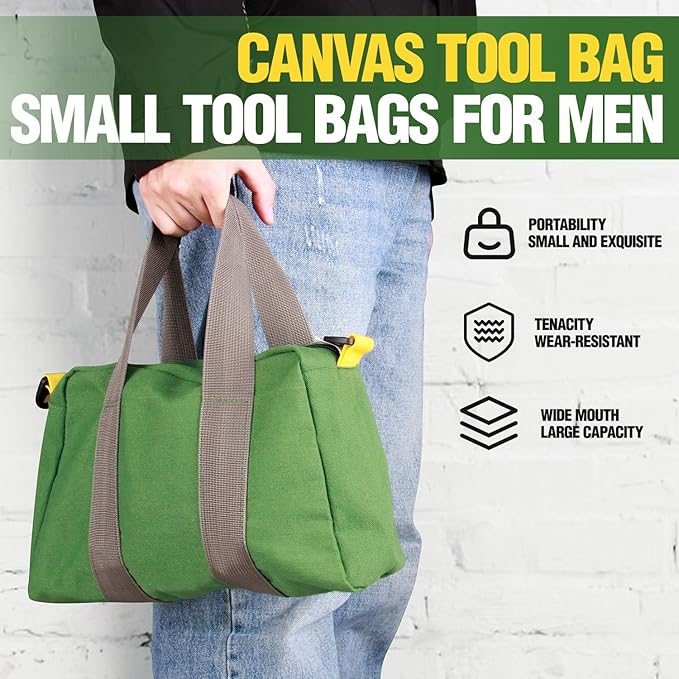 Small Tool Bag, Canvas Tool Storage Bag, Large Capacity Multipurpose Zipper Soft Tote Organizer Pouch for Electrician, Plumbing, Gardening,Tools Bags for Men (Green, 13 Inch)