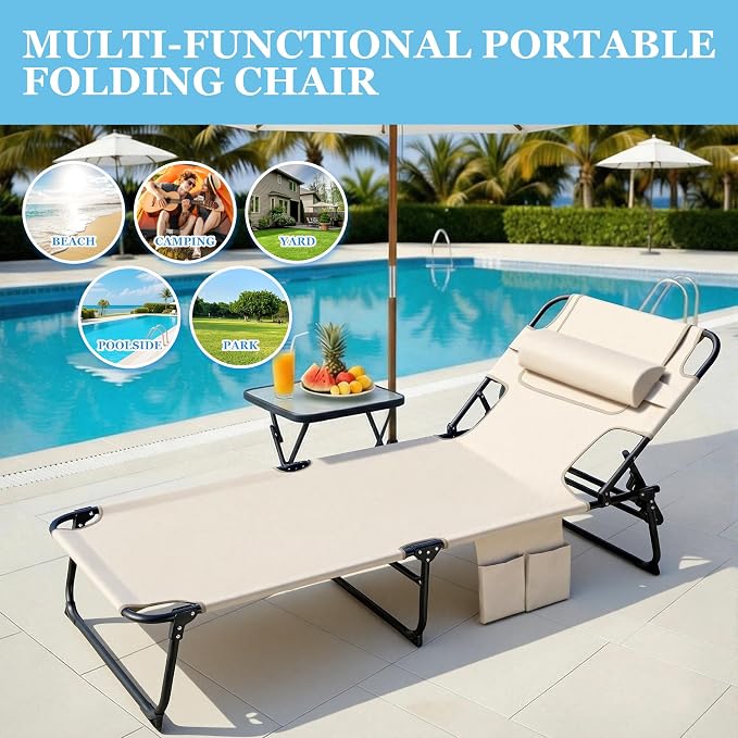 3-in-1 Sun Tanning Chair with Face Holes, Folding Chaise Lounge Chairs, 5-Position Adjustable Lounge Chair Outdoor with 2 Side Pocket & Pillow, for Pool Beach, Patio, Camping, Beige