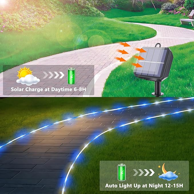 Solar Rope Lights, 33ft 100LED Solar String Lights, 8 Modes Waterproof Solar Powered Outdoor Light, Flexible Clear Tube Light for Garden Backyard Patio Deck Porch Pool Tree Christmas Decor -White&Blue