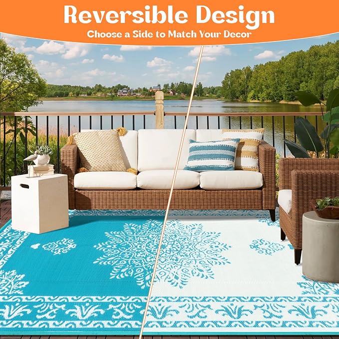 Yamaziot Outdoor Rug 6x9 Ft, Waterproof Plastic Straw Patio Rug, Reversible Backyard Carpet UV Resistant Portable RV Mat Clearance, Large Indoor Outdoor Rug for Patio, Porch, Deck, Balcony, Teal