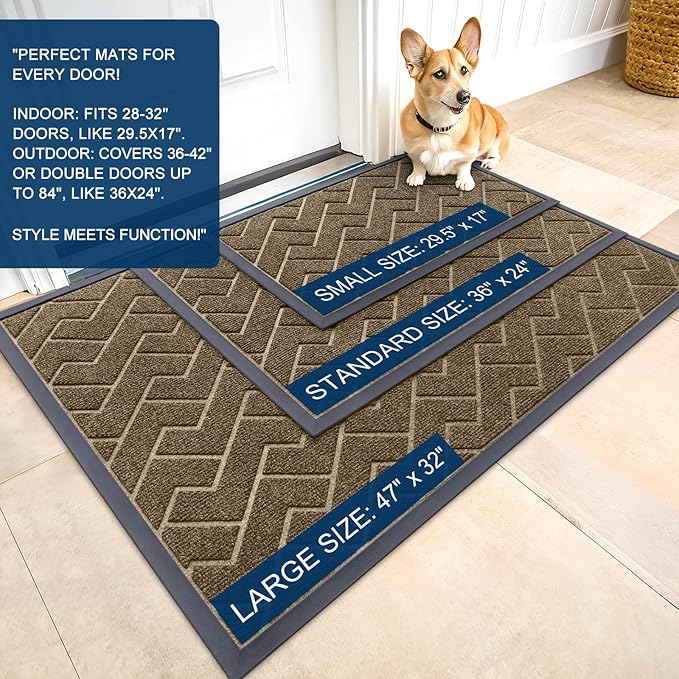 OLANLY Front Door Mat Indoor Outdoor Entrance, Waterproof All-Season, All-Weather Doormat, Sturdy Natural Rubber, Low Profile, Easy Clean Patio Porch Entryway Mat, Herringbone Brick (Brown, 59x35)