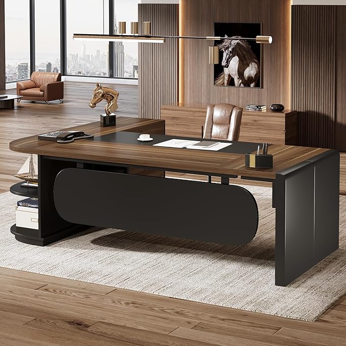 Tribesigns 80'' L-Shaped Desk Set of 4, Large Executive Office Desk with 55'' Drawers Cabinet, Modern Computer Table with Storage Shelves, Business Furniture for Office, Brown