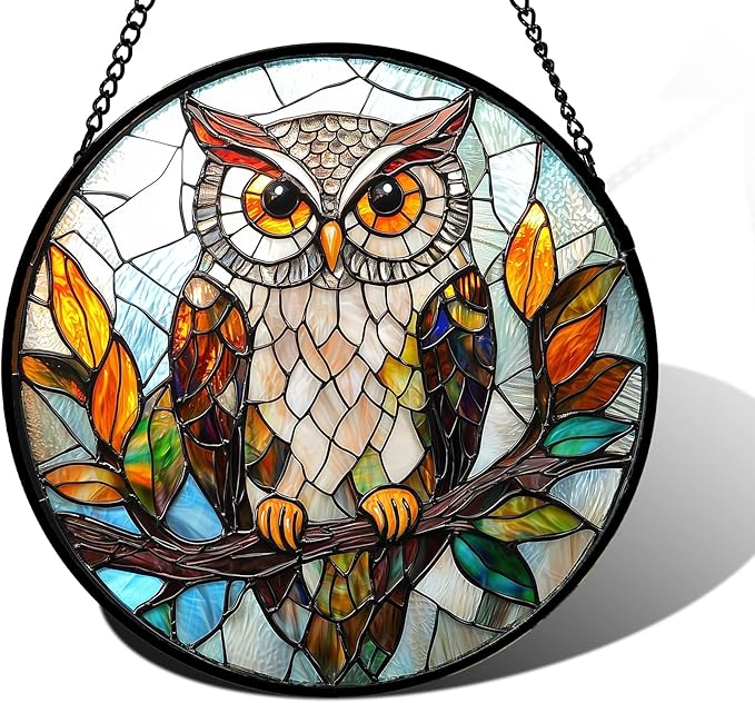 Stained Glass Window Hanging, Owl Colorful Leaves Birds Sun Catchers Diamond Glass Panel Hangings Suncatcher Decor for Birthday for Women, Men, Wife, Aunt, and Mom 11.8x11.8 in