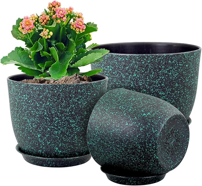 Large Flower Pots 12/10/9 inch, Set of 3 Decorative Plastic Planters with Drainage Holes and Saucers for Garden House Plants, Plant Pots for Indoor Outdoor Plants, Black with Green Speckles