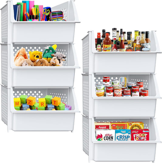 TidyFriend Plastic Stackable Bins for Pantry, 6 Pack Stacking Bins Open Front Kitchen, and Bathroom Organization, Open Front Design (White)