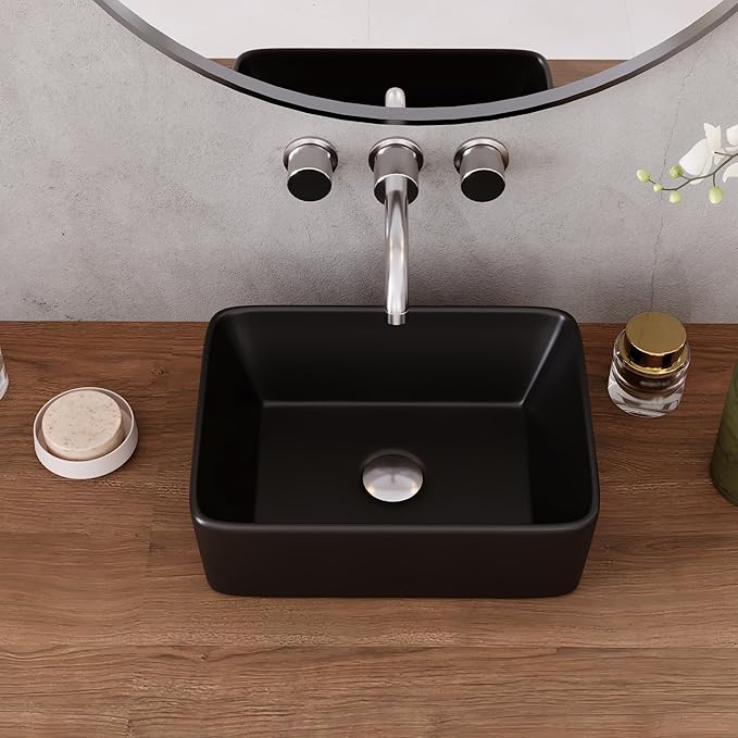 DeerValley 16x12 Inch Black Rectangular Vessel Sink, Above Counter Porcelain Ceramic Top Mount Sink, Countertop Vanity Art Basin for Bathroom, DV-1V0048B