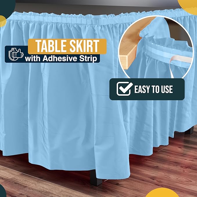 Exquisite Ruffle Table Skirt Light Blue 12 Pack 14 Ft Long Table Skirts for Rectangle Tables 6ft Plus or Round Tables Skirts with Adhesive Strip for Gender Reveal Decor & Happy Birthday Parties