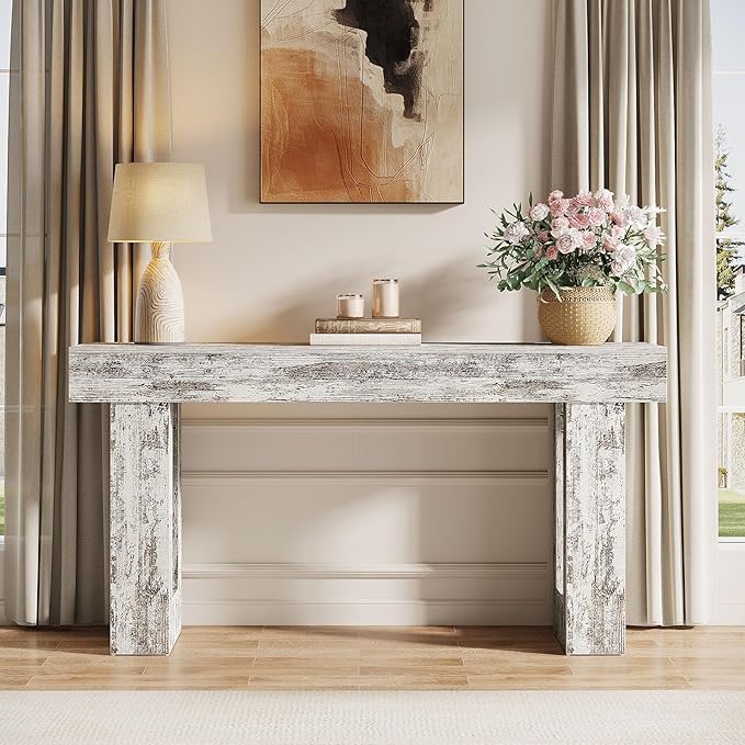 Tribesigns 63-Inch Long Console Table, Wooden Rectangular Sofa Table Behind The Couch, Farmhouse Entryway Table for Entrance, Hallway, Living Room (Distressed White)