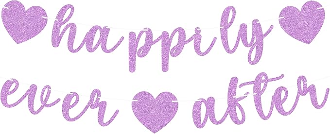 Pre-Strung Happily Ever After Banner - Purple Glitter Bachelorette Bridal Engagement Party Decoration Supplies, Bachelorette Wedding Party Banner for Engagement, Bridal Shower, Wedding Party Photo Booth Props