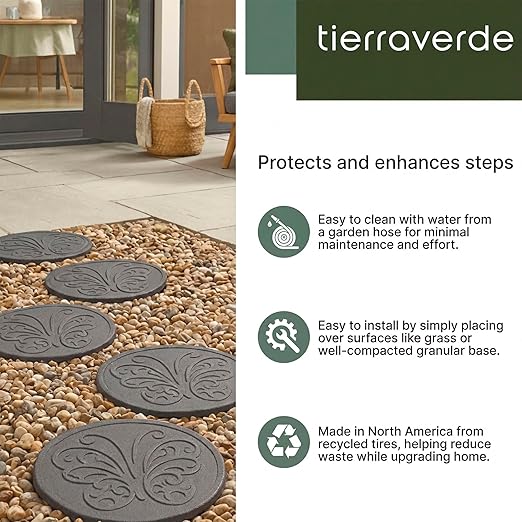 TierraVerde 4-Pack 18”x18” Fake Butterfly Rubber Stepping Stones, Round, Grey – Reversible Non-Slip Outdoor Faux Decorative Set for Landscaping – DIY Decor for Walkways & Yard Pathways