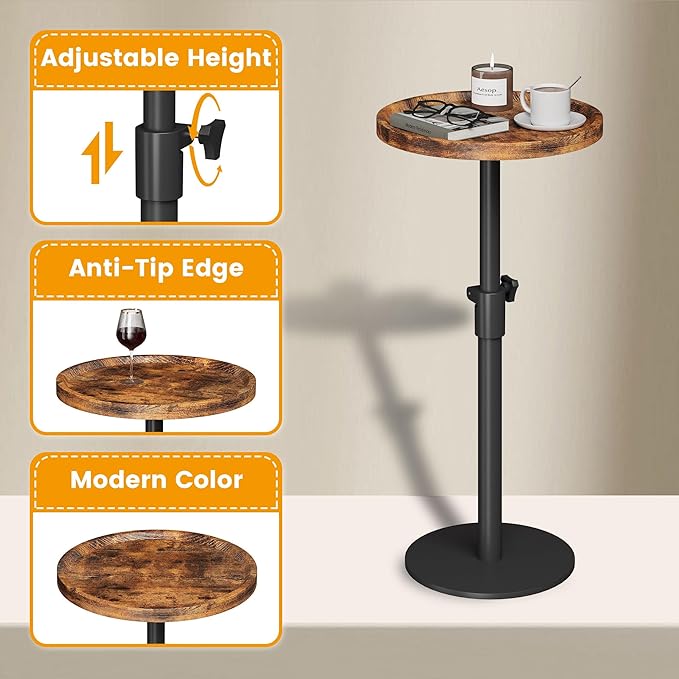 Homeiju Set of 2 Adjustable Round Side Table, Pedestal End Table for Small Spaces, Wooden Couch Table, Tall Drink Table for Living Room, Bedroom, Patio, Brown