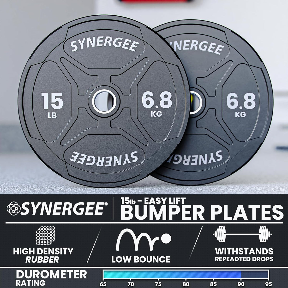 Synergee Bumper Plates – Durable Olympic Weight Plates, Low-Bounce Rubber for Strength Training, Powerlifting, and Functional Workouts.