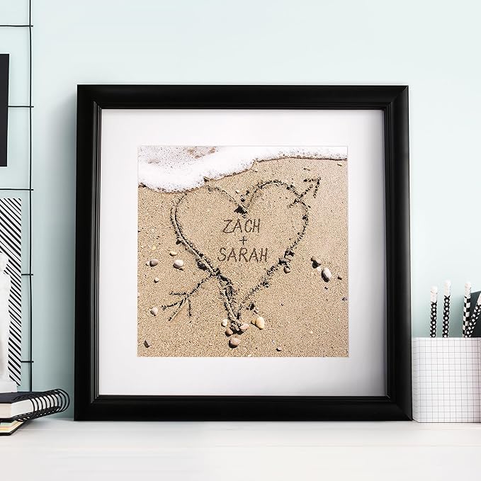 Let's Make Memories Personalized Printed Wall Art For Couples - Engagement, Wedding, Newlyweds, Anniversary - Home Decor - Heart in Sand - Framed Print - 16x16