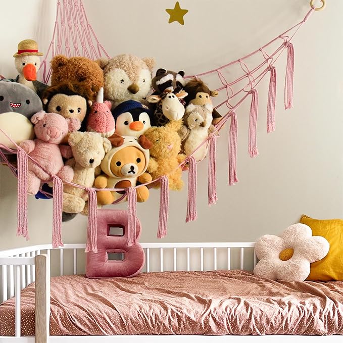 Stuffed Animal Storage Hammock Net - Toy Hammock Net for Stuffed Animals Corner - Hanging Stuff Animal Organizer Holder Large Pink Baby Nursery Room Decor