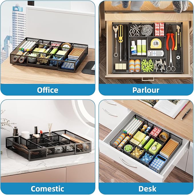 Marbrasse Expandable Desk Drawer Organizer, Mesh Drawer Organizer Tray with 10 Adjustable Compartments, Desk Organizers and Accessories for Office Supplies, Makeup & Vanity (Expandable Black-2 pack)