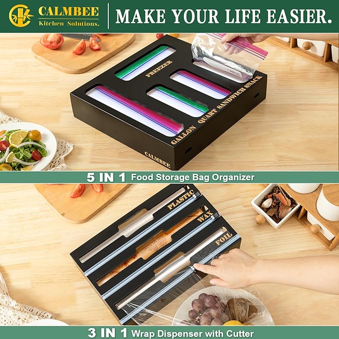 Calmbee 9-in-1 Bamboo Kitchen Organizer - Black & Multicolor Modern Minimalist Caddy with 3-in-1 Wrap Dispenser, Cutter & Bag Organizer