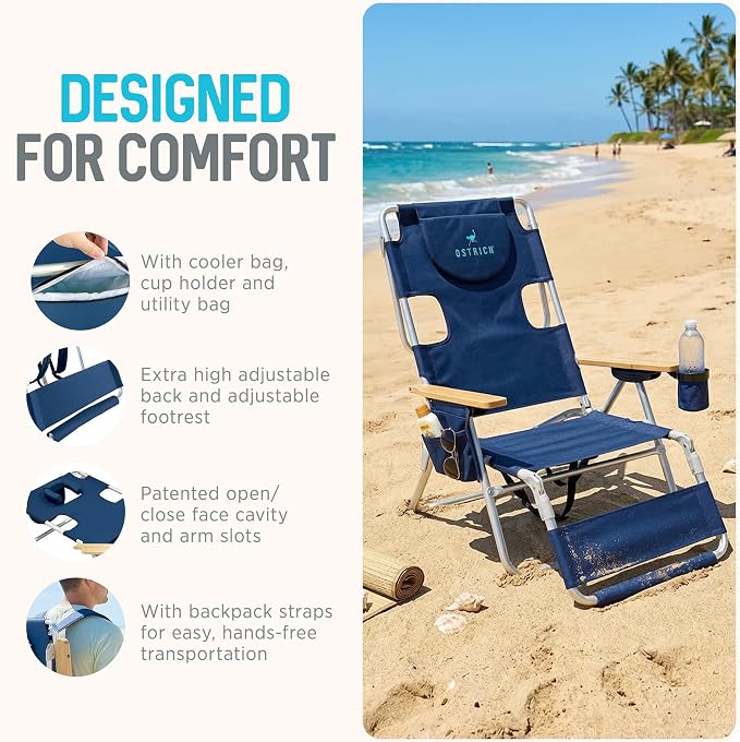 Ostrich the Woody Backpack 3N1 Portable Chair with Cooler Bag and Reclining Lounger for Tanning, Camping, Beach, and Outdoor Essential, Navy Blue