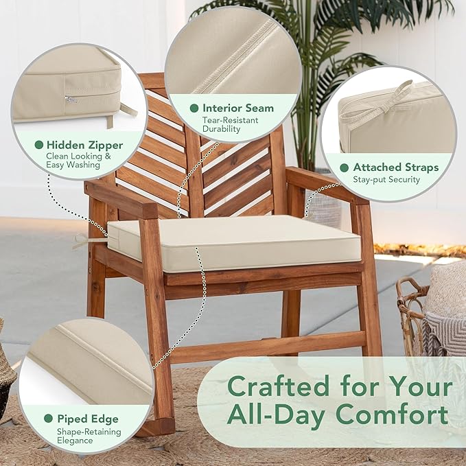 Outdoor Chair Cushions Set of 4: Waterproof & Fade Resistant Seat Cushion for Patio Furniture - 19 x 19 x 2 Inch Chair Pads with Ties and Hidden Zipper - Patio Chair Cushion Replacement, Beige