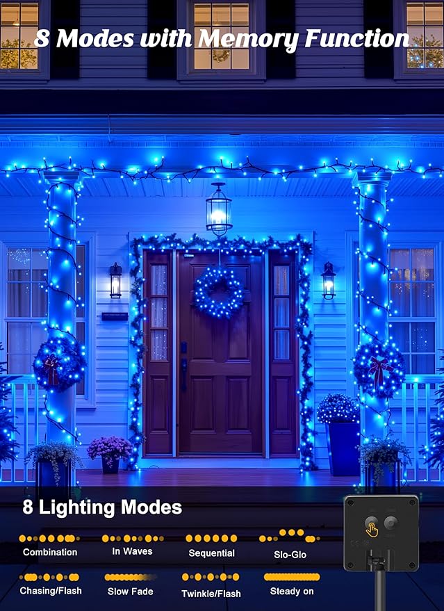 Brightown 2 Pack Solar String Lights Outdoor,Total 80FT 200 LED Solar Powered String Lights Waterproof with 8 Modes, Auto On/Off, Patio Lights for Outside Tree Garden Balcony Party Decor (Blue)