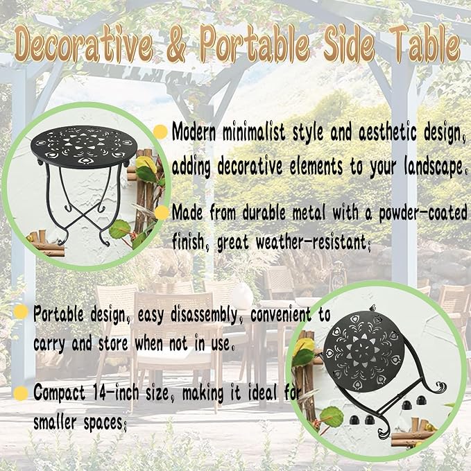 Outdoor Side Table, 14-inch Small Round Metal Patio Table with Flower Cut-Out Design, Modern Rust-Proof Portable End Table Patio Side Table for Outside Garden Balcony Yard & Indoor Use 1 Pack