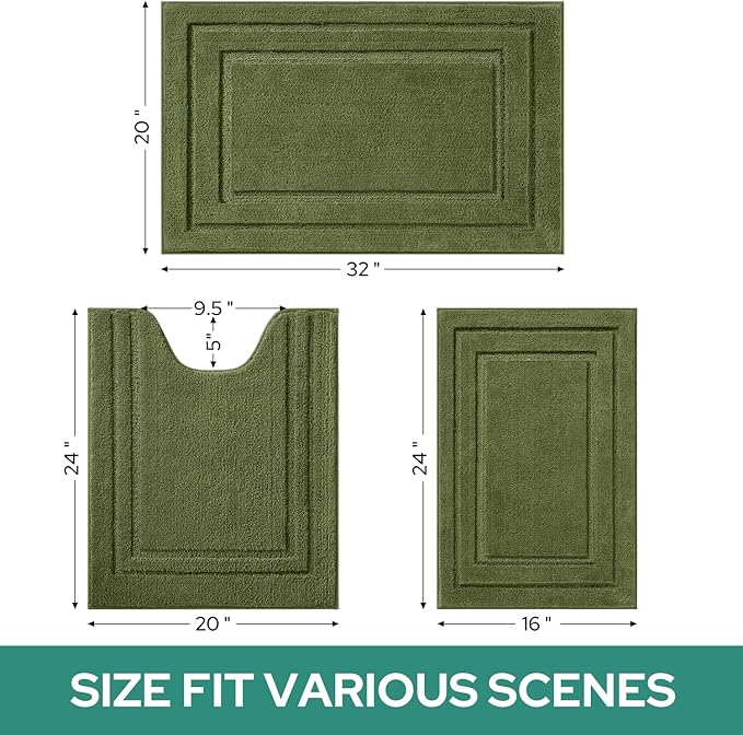 HOMEIDEAS Bathroom Rugs Sets 3 Piece, Super Soft and Absorbent Non Slip Microfiber Toilet Bath Mat with U-Shaped (Sage Green)