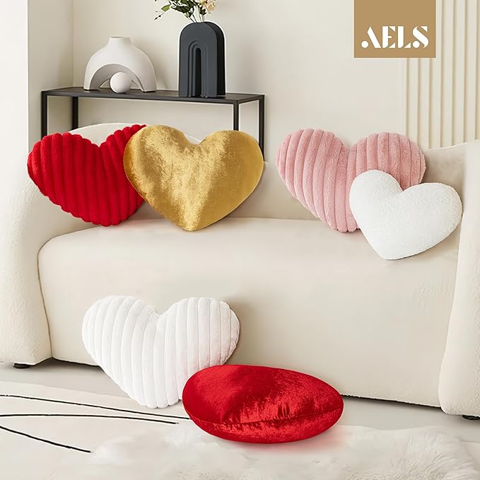 AELS Heart Shaped Pillow, Set of 2, Heart Decorative Throw Pillows, Velvet Love Pillows 20 & 16 Inches, Cute Valentines Day Decorations, Wedding Decor, Living Room Bedroom Nursery Decor, Golden