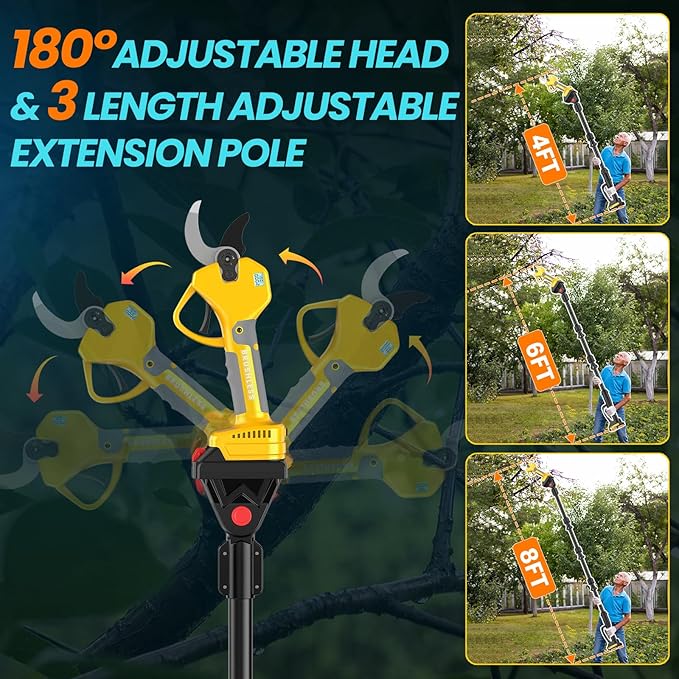 Electric Pruning Shears Cordless 2.6 Inches & Electric Pole Pruner 2-IN-1 with 8ft Pole Reach To 14ft, 2 * 2Ah Battery Pruning Shears, Cordless Pole Pruner Garden Tool for Tree Trimming Branch Cutter