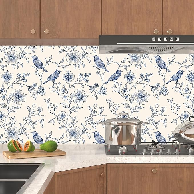 Beige Wallpaper Peel and Stick Blue Floral Bird Vintage Contact Paper 17.5" x