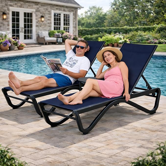 Kozyard Outdoor Chaise Lounge Chair, All Aluminum Frame and Textilene Fabric, Fully Flat Adjustable Reclining Patio Lounger for Poolside, Sunbathing & Backyard (NavyBlue, 2Chairs + Table)