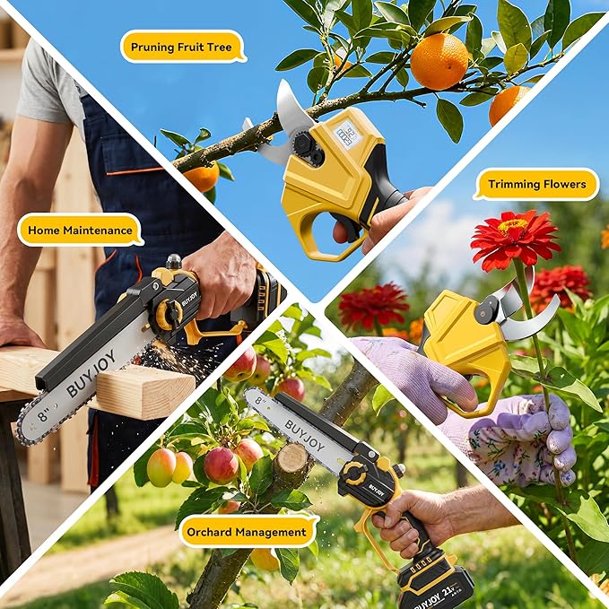 BUYJOY 4-in-1 Electric Pruning Shears & 8 Inch Pole Saw Combo, 1.8" Cutting Diameter Cordless Pruner, 2×4.0Ah Batteries, Adjustable Branch Cutter for Tree Trimming and Garden Pruning
