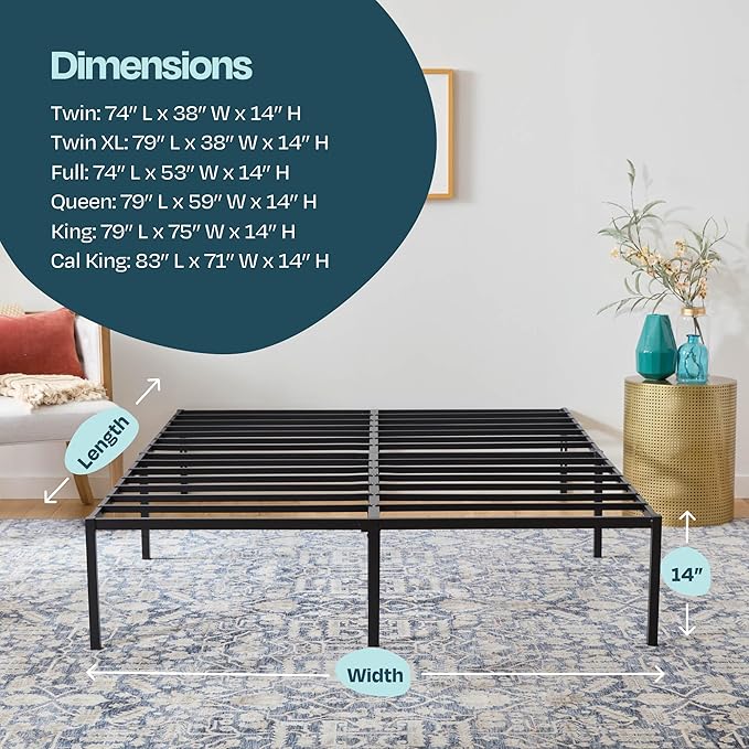 Linenspa Heavy Duty Metal Platform Bed Frame - No Box Spring Needed - Underbed Storage - Simple Toolless Assembly - 14” High - Sturdy - Steel Slats - Sleek Modern Design - Twin Size