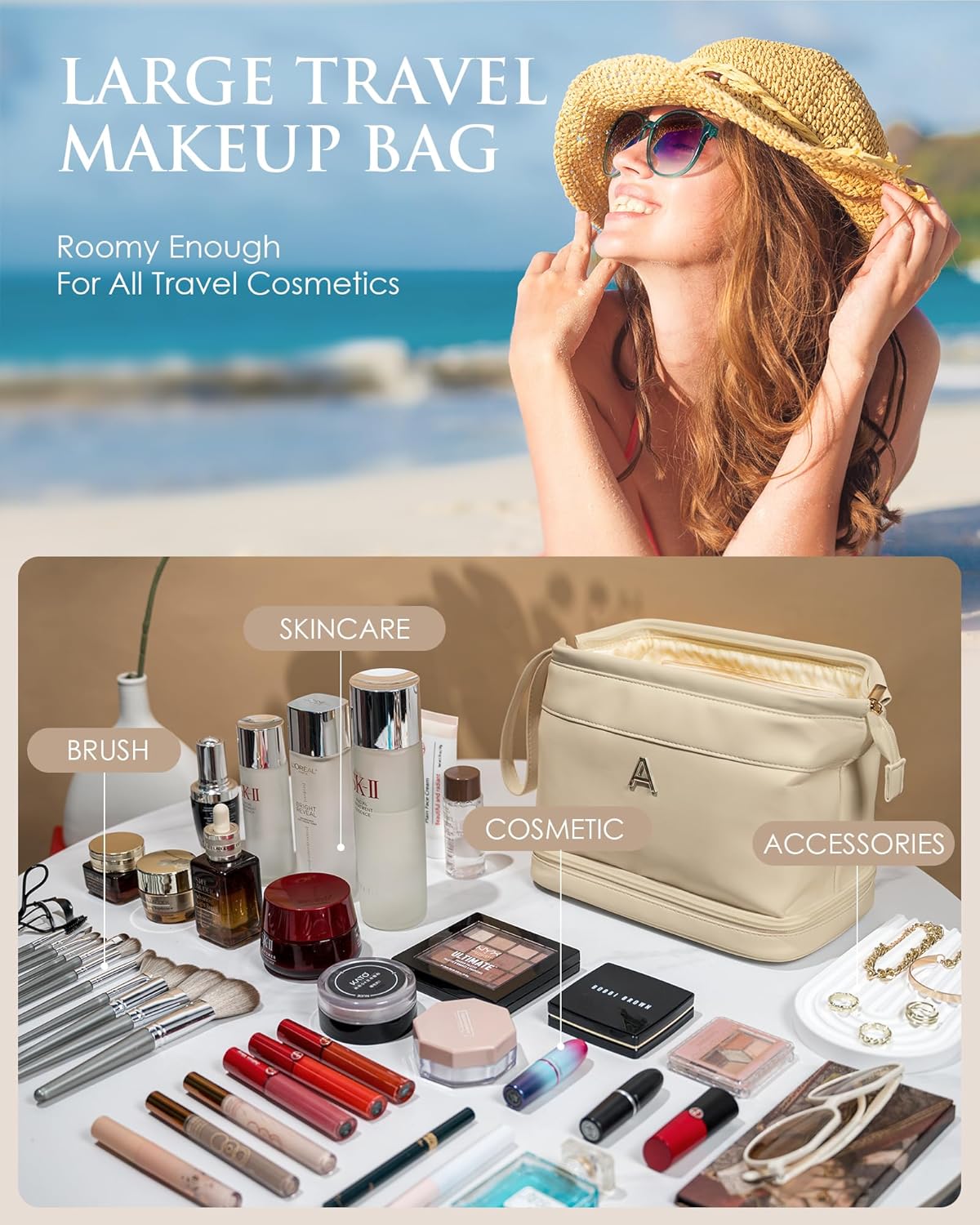 Skiennix Personalized Bridesmaid Proposal Makeup Bag - Double Layer PU Leather with Brush Organizer | Large Capacity Travel Toiletry Bag