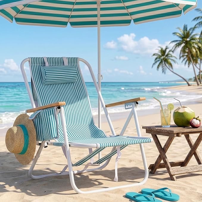 Outvita Folding Beach Chair, 4 Position Adjustable Reclining Lounge Chair with Padded Headrest, Large Rear & Side Storage Pockets, Lightweight Portable Outdoor Chair for Beach Pool Garden BBQ